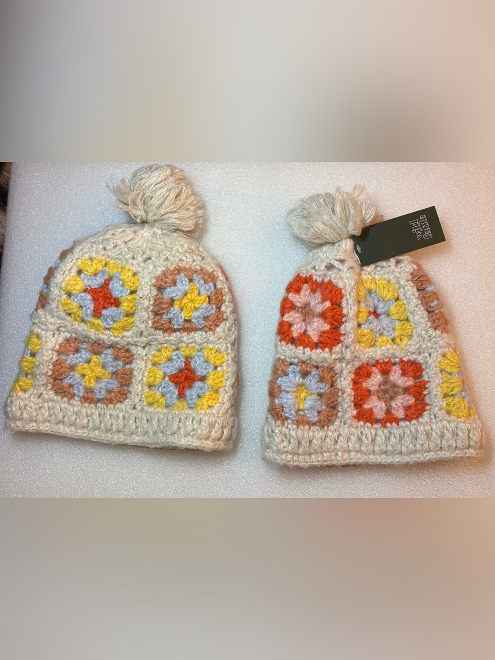Bundle of 2 - Wild Fable Crochet Granny Square Beanie Hats  Multi Color Pom Pom